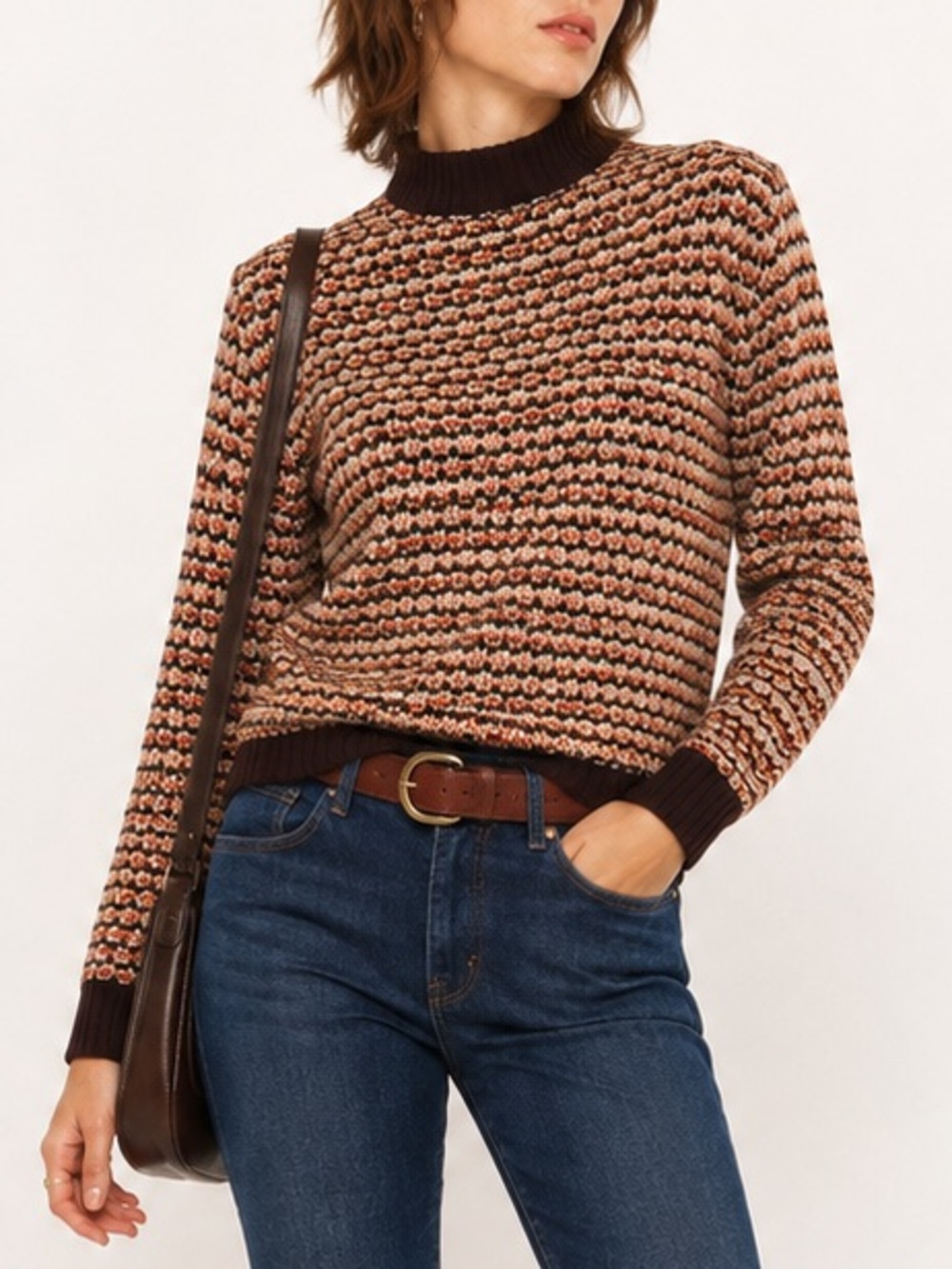 Vintage 60s 70s Retro Mod Style High Neck Sweater Brown Orange Medium